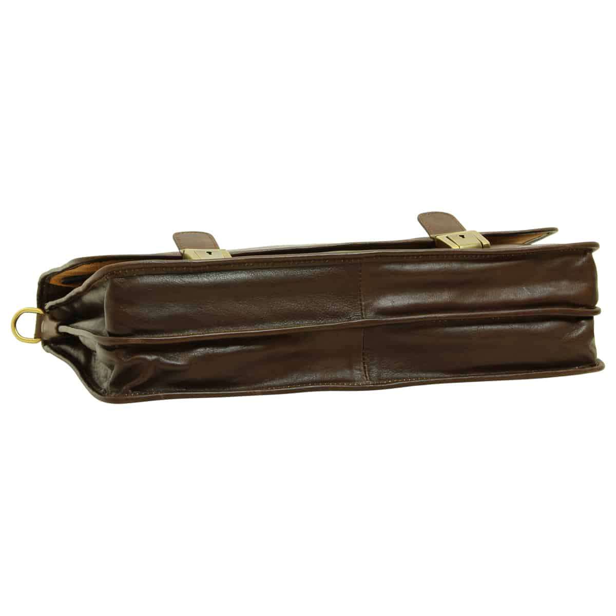 Soft Calfskin Leather Briefcase with shoulder strap - Dark Brown