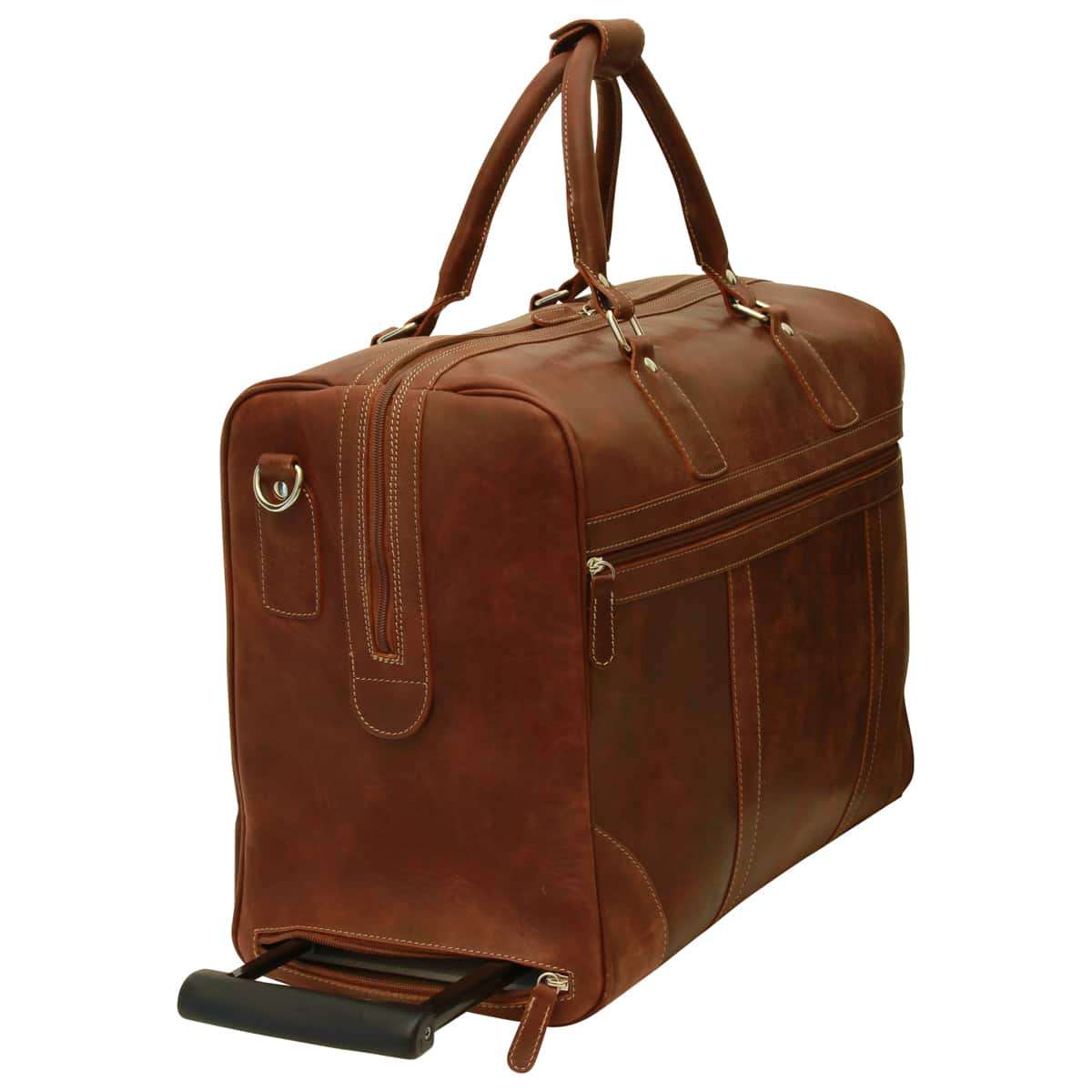 Full-grain leather duffel bag with trolley