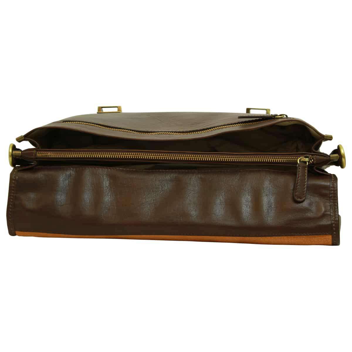 Soft Calfskin Leather Briefcase with shoulder strap - Dark Brown