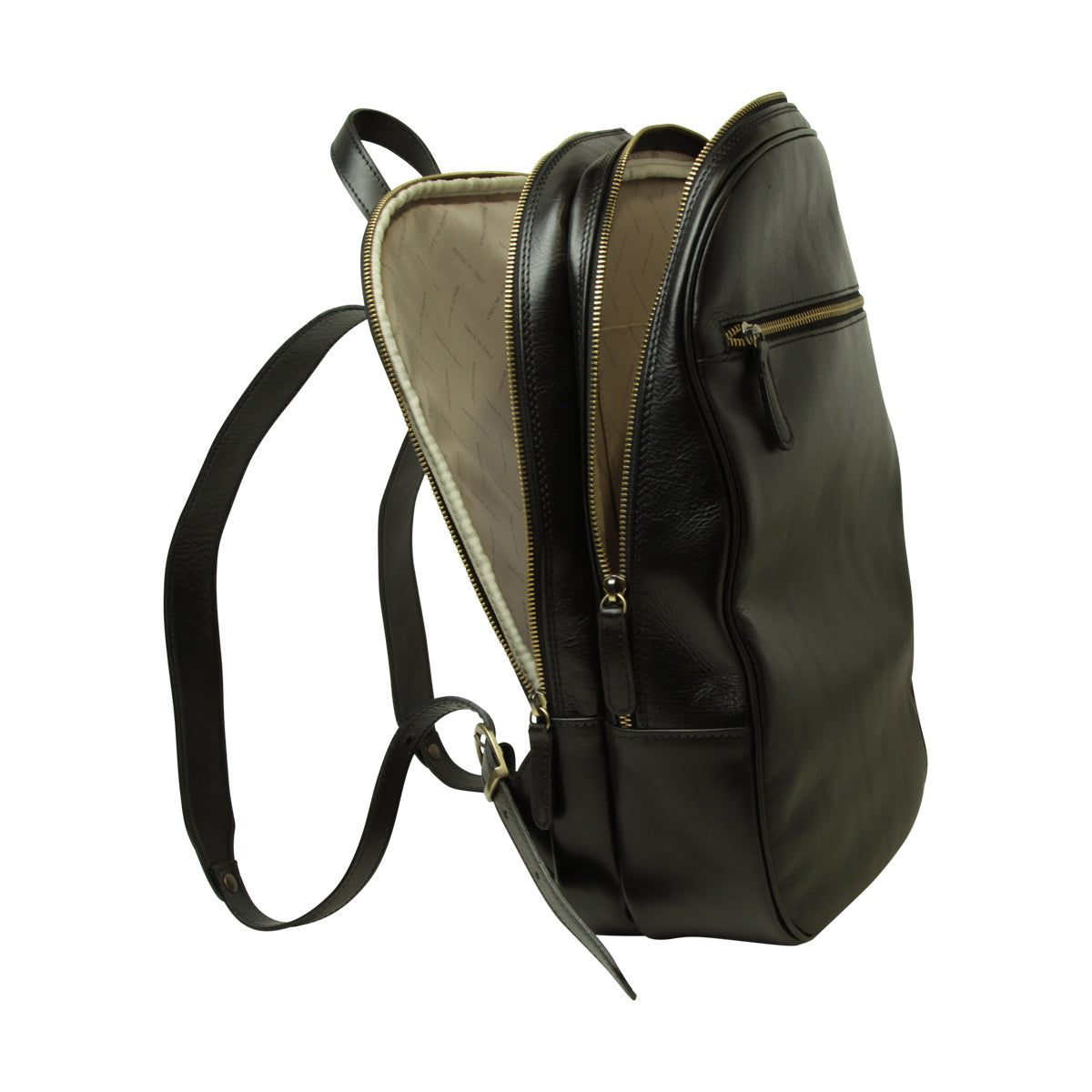 Leather backpack with exterior zip pockets