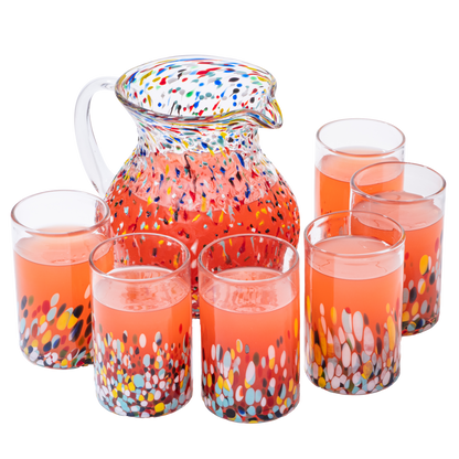 The Wine Savant Hand Blown Mexican Drinking Glasses and Pitcher – Set of 6 with Mexican Confetti Design (14 oz each) and Pitcher (84 Ounces) (Confetti)