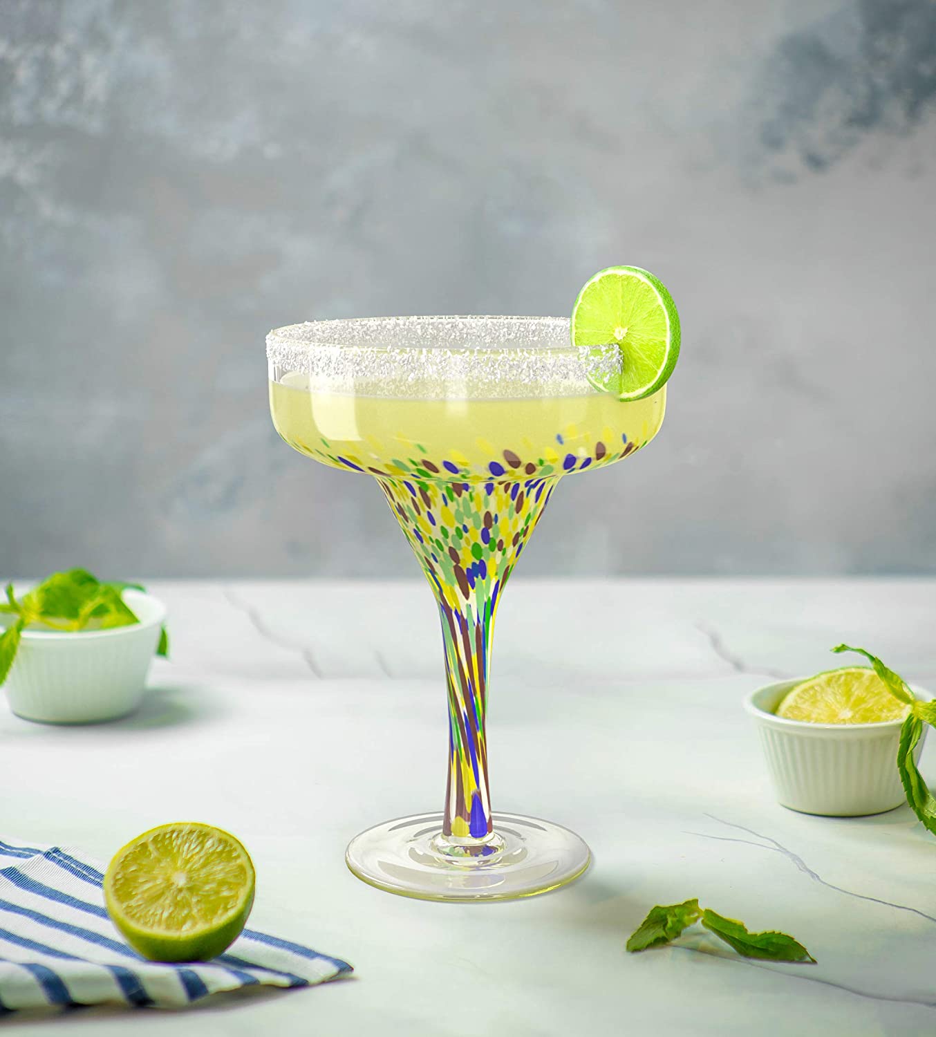 The Wine Savant Mexican Design Hand Blown Margarita Glass – Set of 4 Luxury Hand Blown Confetti Margarita Glasses (16 oz) (Confetti Margarita Glasses)