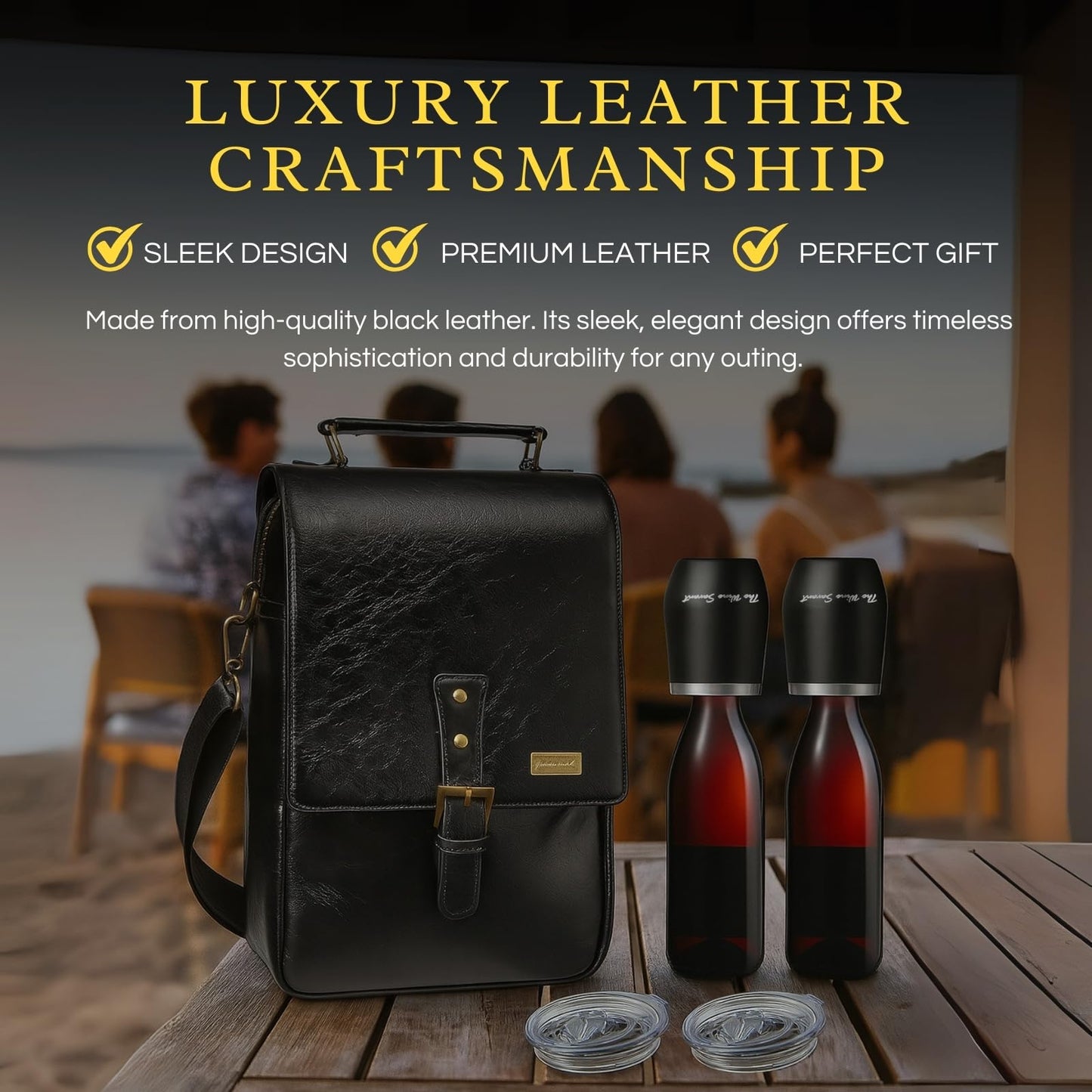 3 Bottle Wine Tote Bag with Tumblers and Opener, Gifts for Women, Premium Leather Portable Carrier Purse with Shoulder Strap for Travel/Picnic/Beach/Pool/Events/Hiking, Black