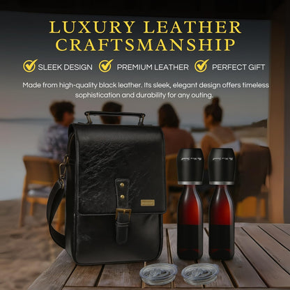 3 Bottle Wine Tote Bag with Tumblers and Opener, Gifts for Women, Premium Leather Portable Carrier Purse with Shoulder Strap for Travel/Picnic/Beach/Pool/Events/Hiking, Black
