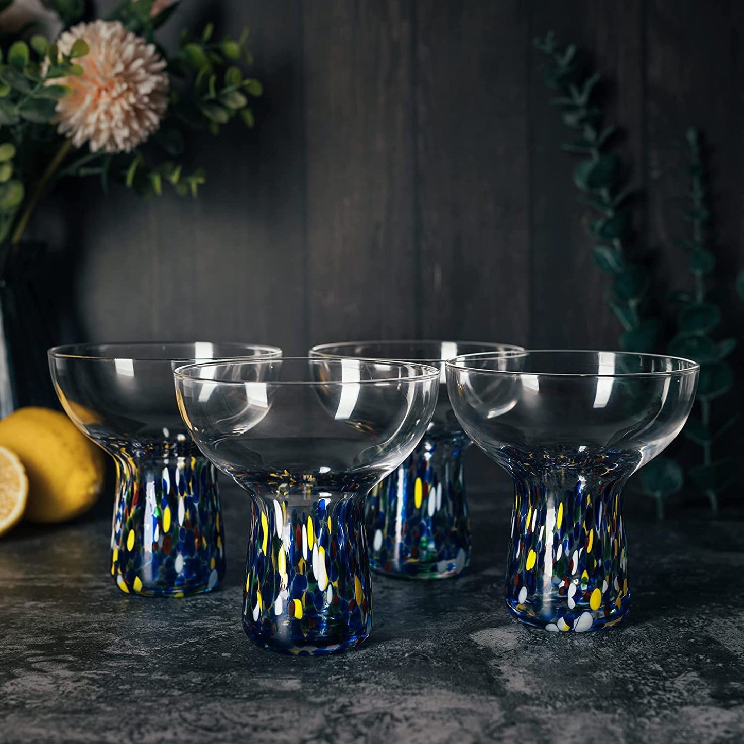 Stemless Margarita Glass – Set of 4 - Luxury Hand Blown Confetti Margaritas, for Cocktails, Water, Wine, Dessert, Martini & Champagne Glasses Cinco de Mayo, Hand Blown Glass - Mexican Confetti Design
