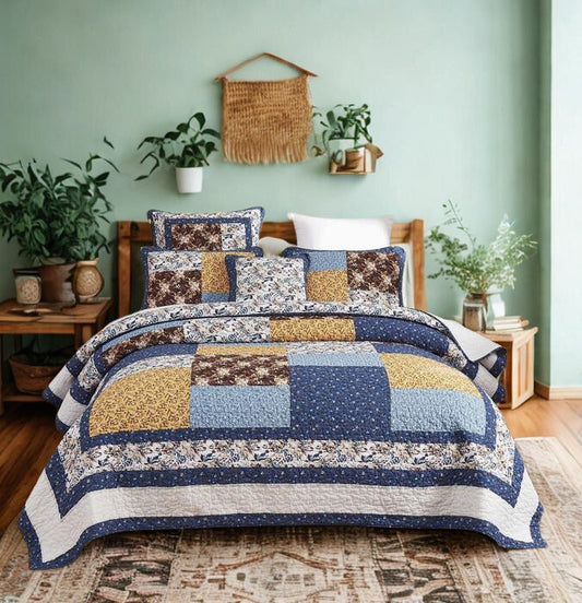 Tache Prairie Sunset White Blue Yellow Brown Floral Cotton Patchwork Quilt Set (JHW-887)
