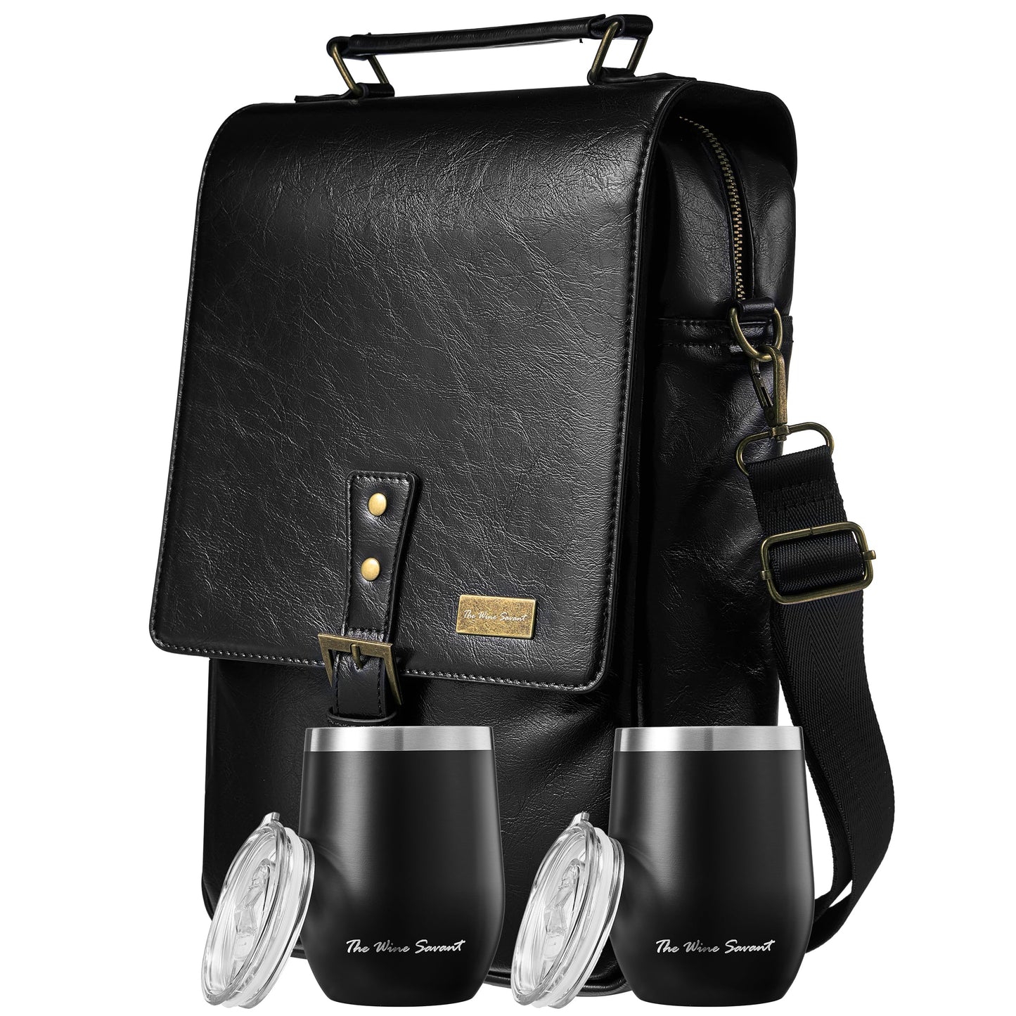 3 Bottle Wine Tote Bag with Tumblers and Opener, Gifts for Women, Premium Leather Portable Carrier Purse with Shoulder Strap for Travel/Picnic/Beach/Pool/Events/Hiking, Black