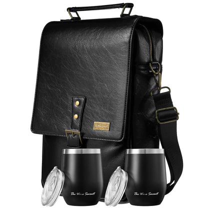 3 Bottle Wine Tote Bag with Tumblers and Opener, Gifts for Women, Premium Leather Portable Carrier Purse with Shoulder Strap for Travel/Picnic/Beach/Pool/Events/Hiking, Black