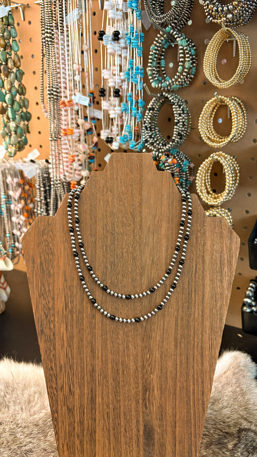 4MM BLACK ONYX & STERLING SILVER PEARL NECKLACE