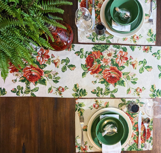 Tache Sweet Roses Vintage Ivory Woven Floral Tapestry Table Runners (17593TR)